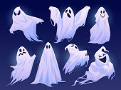 Good and evil ghosts of halloween, isolated set of personages in costumes. Floating apparitions with facial expression of sadness, joy and anger. Spooky monsters. Flat cartoon character vector