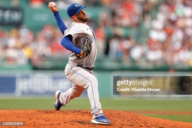 Danny Duffy of the Kansas City Royals pitches against the Boston Red Sox during the second inning at Fenway Park on June 28, 2021 in Boston,...