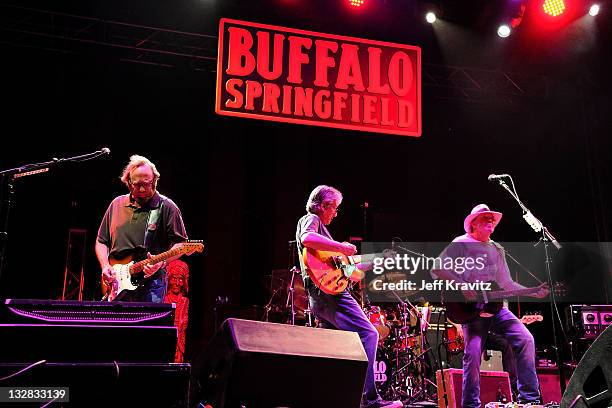 Musicians Stephen Stills, Richie Furay and Neil Young of Buffalo Springfield performs on stage during Bonnaroo 2011 at Which Stage on June 11, 2011...