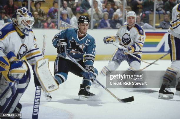 Bob Errey, Captain and Left Wing for the San Jose Sharks in motion on the ice during the NHL Prince of Wales Conference Adams Division game against...