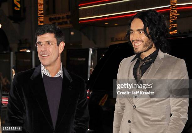 The Walt Disney Studios chairman Rich Ross and comedian Russell Brand arrive at the Los Angeles premiere of "The Tempest" held at the El Capitan...