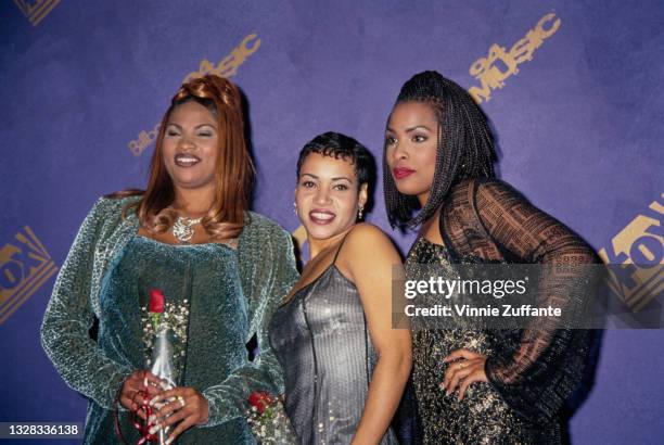 American hip-hop group Salt-N-Pepa at the Billboard Music Awards in Los Angeles, USA, 7th December 1994. From left to right, they are singers Sandra...