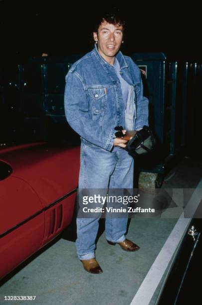 American singer and musician Bruce Springsteen wearing double denim, USA, circa 1990.