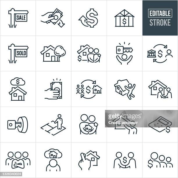 ilustraciones, imágenes clip art, dibujos animados e iconos de stock de inicio bienes raíces iconos de línea delgada - trazo editable - economía