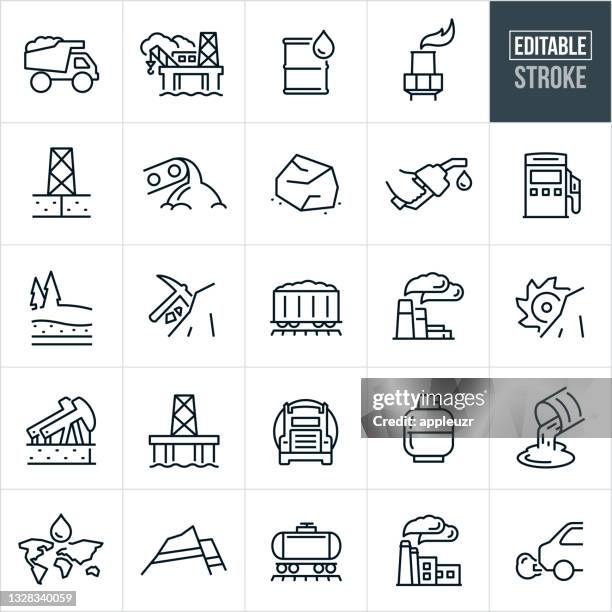 fossile brennstoffe thin line icons - editierbarer hub - bergwerk stock-grafiken, -clipart, -cartoons und -symbole