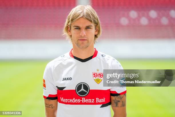 Borna Sosa of VfB Stuttgart poses during the VfB Stuttgart team presentation on July 12, 2021 in Stuttgart, Germany.