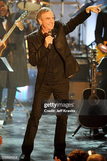 Inductee Neil Diamond performs onstage at the 26th annual Rock and Roll Hall of Fame Induction Ceremony at The Waldorf=Astoria on March 14, 2011 in...