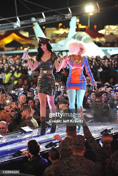 Singers Katy Perry and Nicki Minaj perform onstage during "VH1 Divas Salute the Troops" presented by the USO at the MCAS Miramar on December 3, 2010...