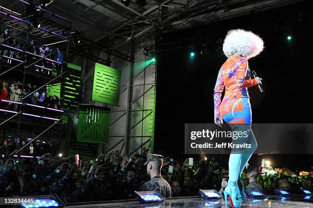 Singer Nicki Minaj performs onstage during "VH1 Divas Salute the Troops" presented by the USO at the MCAS Miramar on December 3, 2010 in Miramar,...