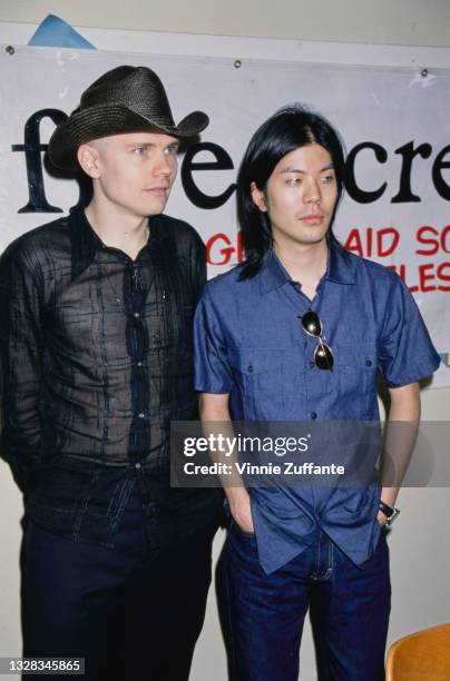 American musicians Billy Corgan and James Iha of rock band the Smashing Pumpkins announce a benefit concert for Five Acres - the Boys and Girls Aid...