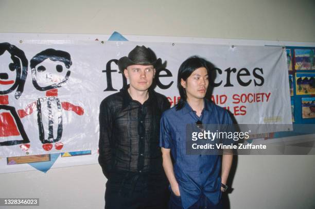 American musicians Billy Corgan and James Iha of rock band the Smashing Pumpkins announce a benefit concert for Five Acres - the Boys and Girls Aid...