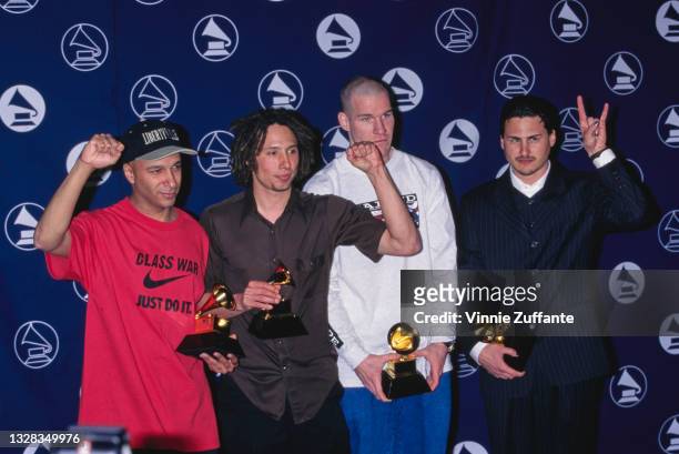 American rock band Rage Against the Machine at the 39th Annual Grammy Awards in Madison Square Garden, New York City, USA, 26th February 1997. From...