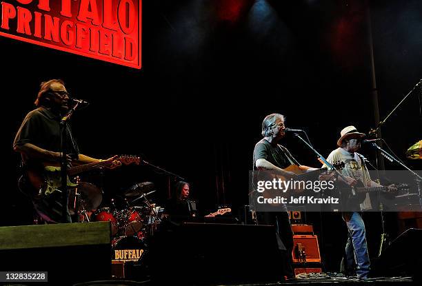 Musicians Stephen Stills, Richie Furay and Neil Young of Buffalo Springfield performs on stage during Bonnaroo 2011 at Which Stage on June 11, 2011...