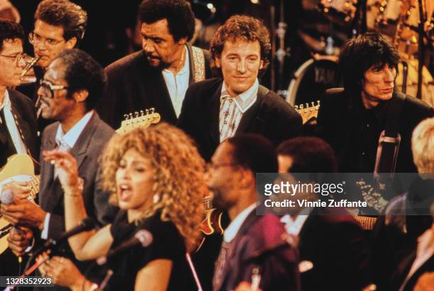 Musicians Bruce Springsteen, Ronnie Wood, Tina Turner, David and Jimmy Ruffin and David Sanborn attend the 4th Annual Rock N Roll Hall of Fame...