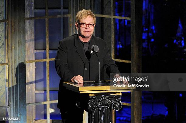 Sir Elton John speaks onstage at the 26th annual Rock and Roll Hall of Fame Induction Ceremony at The Waldorf=Astoria on March 14, 2011 in New York...