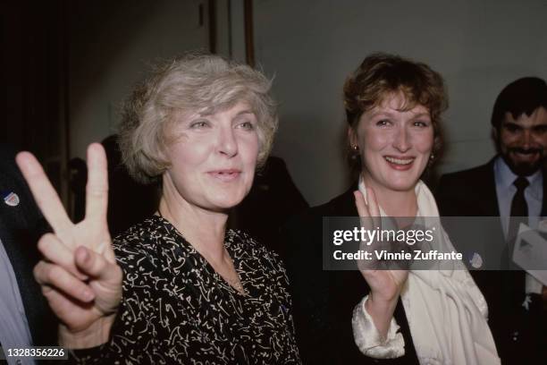 American actresses Joanne Woodward and Meryl Streep attend the Project Vote Smart cocktail reception benefit at the Edward S. Harkness House in New...