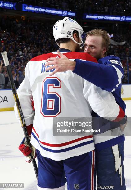Steven Stamkos of the Tampa Bay Lightning shake hands with Shea Weber of the Montreal Canadiens after the Tampa Bay Lightning 1-0 victory in Game...