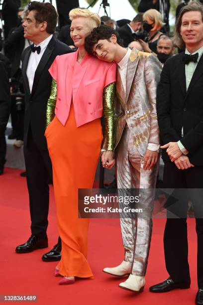 Tilda Swinton and Timothée Chalamet attend the "The French Dispatch" screening during the 74th annual Cannes Film Festival on July 12, 2021 in...