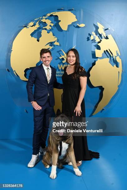 Malcolm the Akita, May Chan-Koung and Yoann Latouche are seen during the World Influencers and Bloggers Awards 2021 at Hotel Martinez on July 12,...