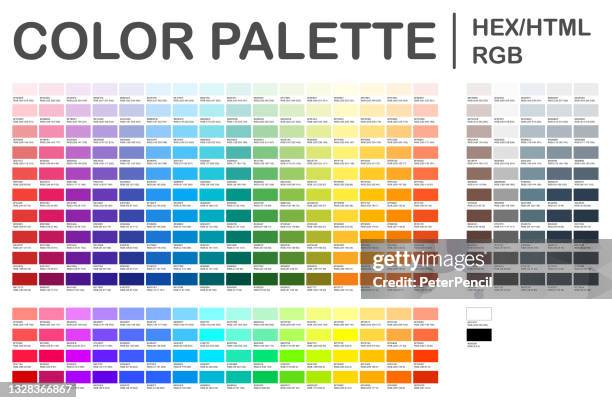 ilustraciones, imágenes clip art, dibujos animados e iconos de stock de paleta de colores. carta de colores. imprimir página de prueba. códigos de color. rgb, html hexadecimal. color vectorial - paleta equipo de arte y artesanía