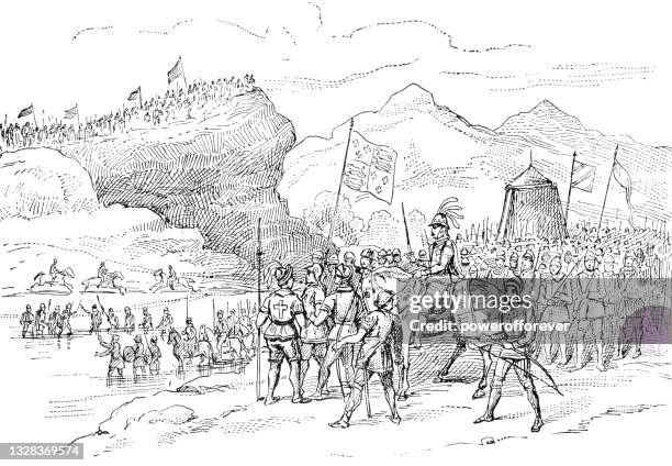 medieval scottish army from illuminated manuscript - 14th century - marching stock illustrations