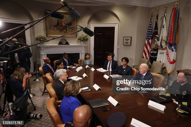 President Joe Biden hosts a meeting with Deputy Attorney General Lisa Monaco, Attorney General Merrick Garland, Memphis Police Chief C.J. Davis,...