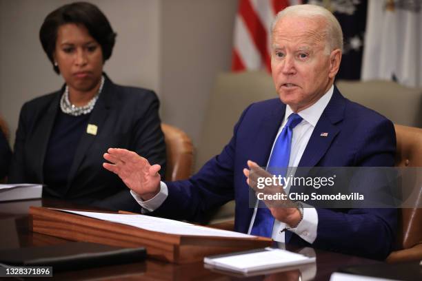 President Joe Biden hosts a meeting with Washington, DC, Mayor Muriel Bowser about reducing gun violence in the Roosevelt Room at the White House on...