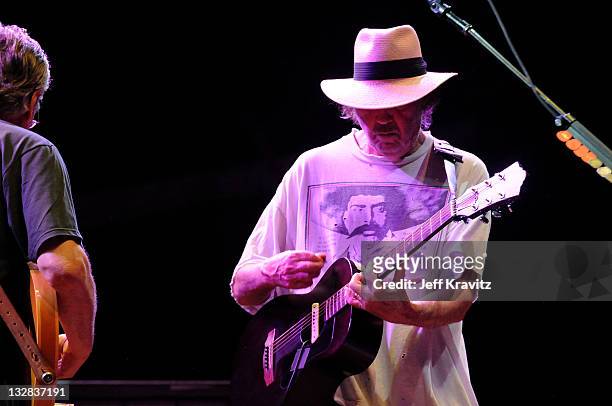 Musician Neil Young of Buffalo Springfield performs on stage during Bonnaroo 2011 at Which Stage on June 11, 2011 in Manchester, Tennessee.