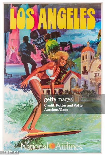 "Los Angeles" poster depicting a montage of local attractions, including Mission Revival architecture, a Hollywood film set, and a blonde bikini-clad...