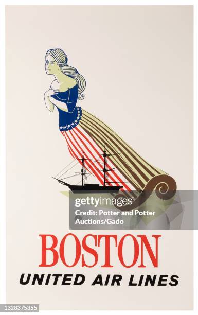 "Boston" poster depicting a carved figurehead, wearing a stars and stripes dress, looming over the silhouette of a two-masted schooner, designed for...