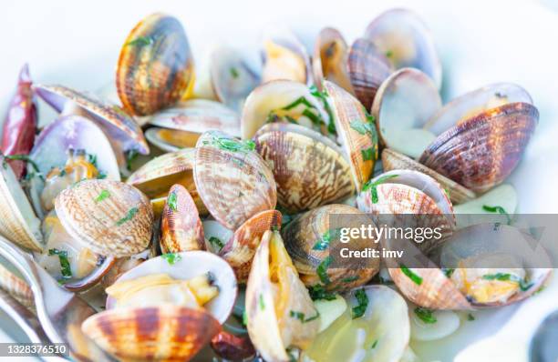 moluscos - frito com alho e salsa - prato típico de lanzarote das ilhas canárias - limpet - fotografias e filmes do acervo