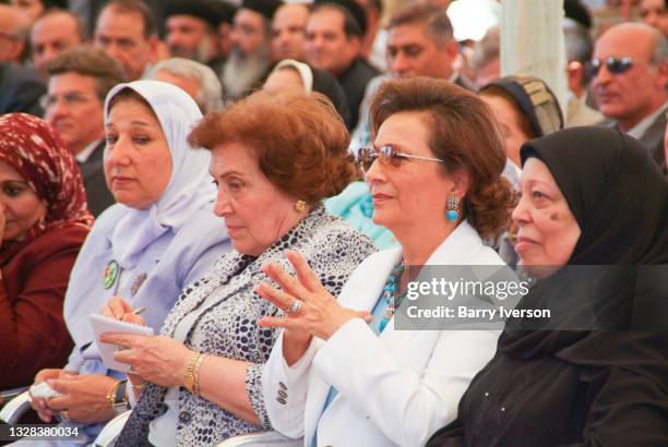 View of First Lady of Egypt Suzanne Mubarak , among others, as she attends a campaign rally , Minya, Egypt, August 25, 2005. After changes to the...