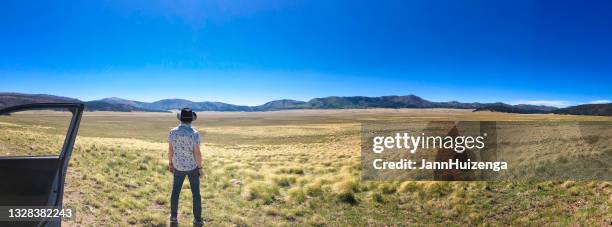 man outside car admiring valles caldera wilderness, nm panoramic - los alamos new mexico stock pictures, royalty-free photos & images