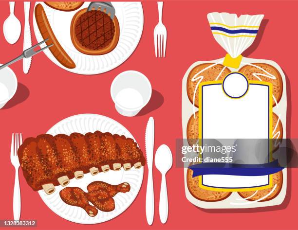 bbq foods on a picnic table from above - ribs overhead stock illustrations