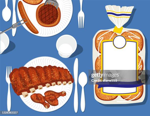 bbq foods on a picnic table from above - ribs overhead stock illustrations