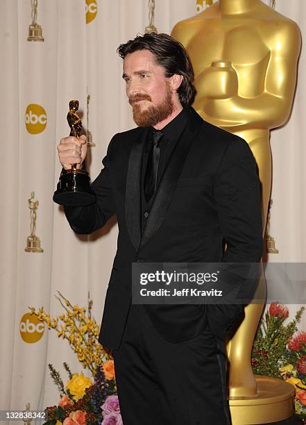 Actor Christian Bale poses in the press room during the 83rd Annual Academy Awards held at the Kodak Theatre on February 27, 2011 in Los Angeles,...