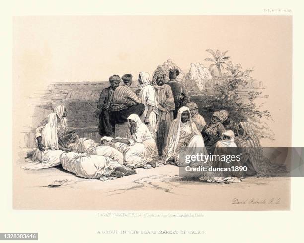 stockillustraties, clipart, cartoons en iconen met group in the slave market of cairo, egypt, victorian 19th century by david roberts - woman slavery
