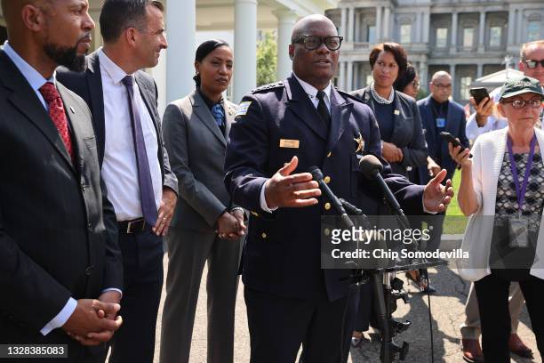 Chicago Police Superintendent David Brown talks to reporters with Community-Based Public Safety Collective Co-Founder Aqeela Sherrills, San Jose...