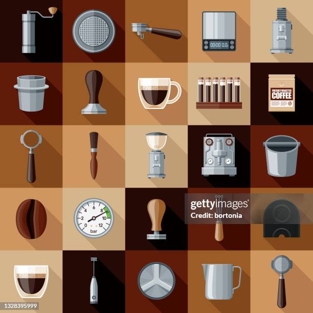 espresso icon set - tamper coffee stock illustrations