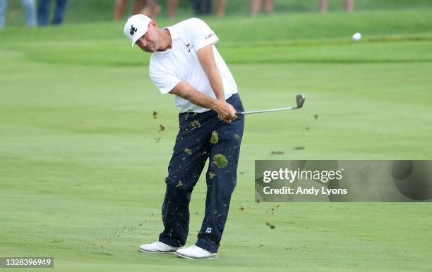 Lucas Glover plays his third shot on the 17th hole during the final round of the John Deere Classic at TPC Deere Run on July 11, 2021 in Silvis,...