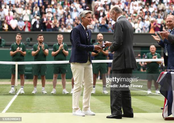 Marija Cicak is recognised after taking to the chair to umpire Novak Djokovic of Serbia in his men's Singles Final match against Matteo Berrettini of...