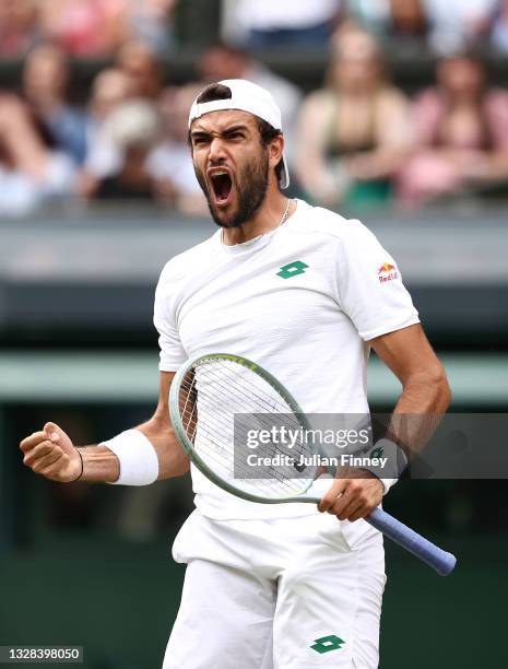 Matteo Berrettini of Italy celebrates during his men's Singles Final match against Novak Djokovic of Serbia on Day Thirteen of The Championships -...