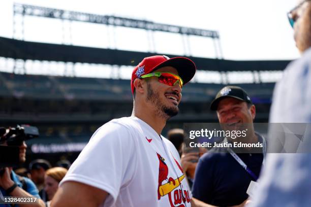 Nolan Arenado of the St. Louis Cardinals looks on during the Gatorade All-Star Workout Day at Coors Field on July 12, 2021 in Denver, Colorado.
