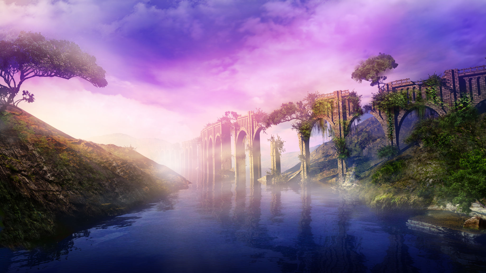 Fantastic landscape with ancient aqueduct and river, 3D render. Fantastic landscape with ancient aqueduct and river, 3D render.