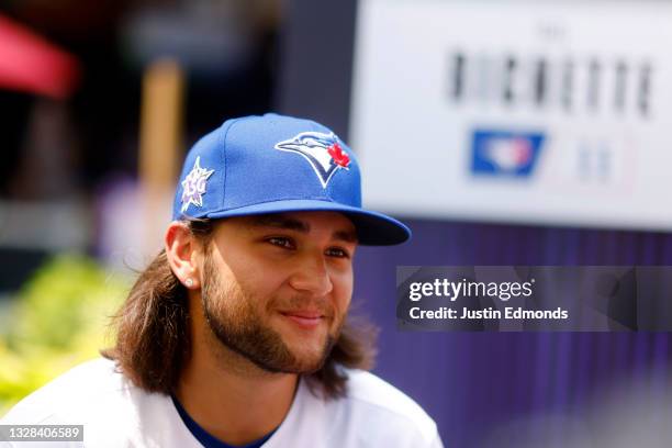 Bo Bichette of the Toronto Blue Jays speaks to the media during the Gatorade All-Star Workout Day at Coors Field on July 12, 2021 in Denver, Colorado.