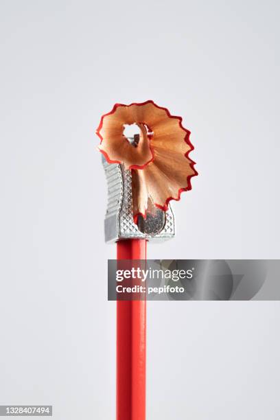 wooden red pencil with metal sharpener - sharpening stock pictures, royalty-free photos & images