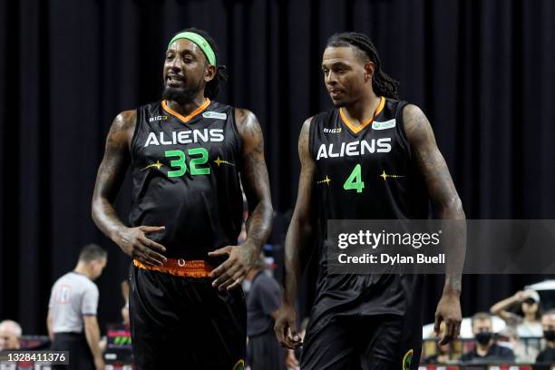 Renaldo Balkman and Brandon Rush of the Aliens meet during the game against the Ghost Ballers during BIG3 - Week One at the Orleans Arena on July 10,...