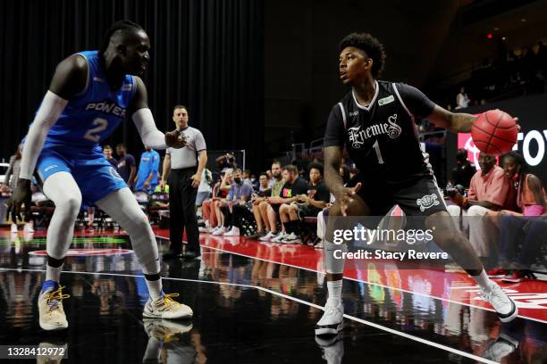 Nick Young of the Enemies dribbles the ball while being guarded by Abdoulaye N'doye of the Power during BIG3 - Week One at the Orleans Arena on July...