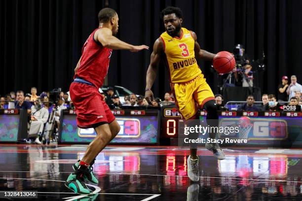 Will Bynum of the Bivouac dribbles the ball while being guarded by Jannero Pargo of the Triplets during BIG3 - Week One at the Orleans Arena on July...