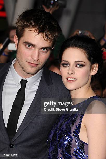 Actors Robert Pattinson and Kristen Stewart arrive at the Los Angeles premiere of "The Twilight Saga: Breaking Dawn Part 1" held at Nokia Theatre...